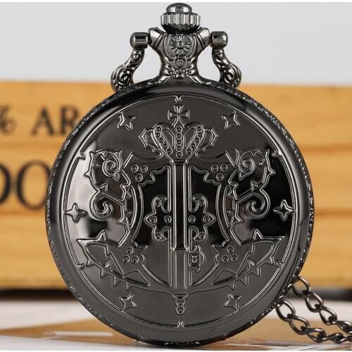 Classic Black Butler Theme Quartz Pocket Watch Large White Round Dial Alloy Necklace Chain Pendant Chain Gifts for Boys