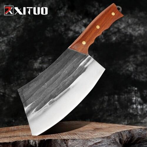 XITUO Handmade Forged Kitchen Knife Hammering Stainless Steel Chef knife Chopper Cooking Knives Wooden handle Butcher knife