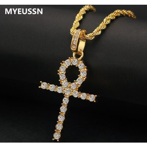 Iced rhinestone Ankh Cross Pendant Gold Color alloy Material CZ Egyptian Key of Life Pendant Necklace Men Women Hip Hop Jewelry
