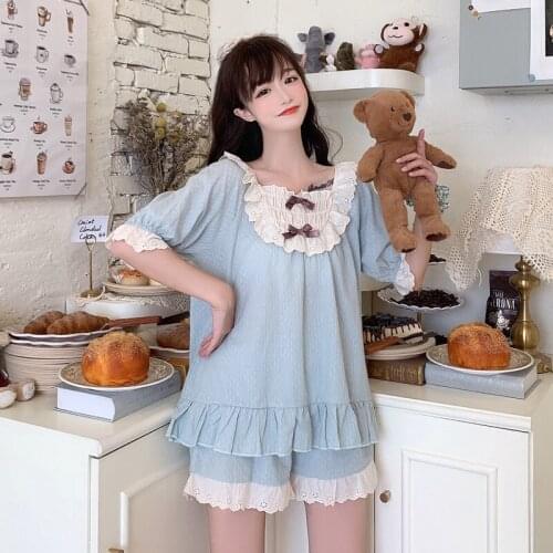 Summer Pajamas Pants Suit Women Sweet Cute Bow Student Fresh Casual Home Set Kawaii Girl T-Shirt Tops Shorts 2-Piece Set 2021