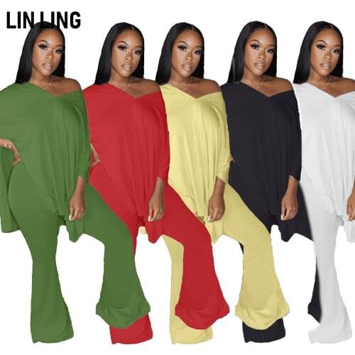 Medium Sleeve V-Neck Long Irregular Bat Sleeve Top and Loose Fashion Flared Pants Club Outfits