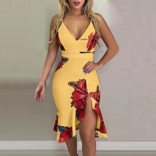 Fashion Sexy Bodycon Bag Hip Midi Dress Vintage Flower Prints Spaghetti Strap Dress Elegant Deep V-Neck Party Club Dress