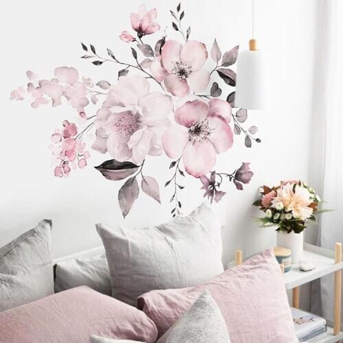 Water Color Pink Flower Cluster Wall Stickers Home art Decor Living Room Sofa Background Decoration Removable Vinyl Mural Poster