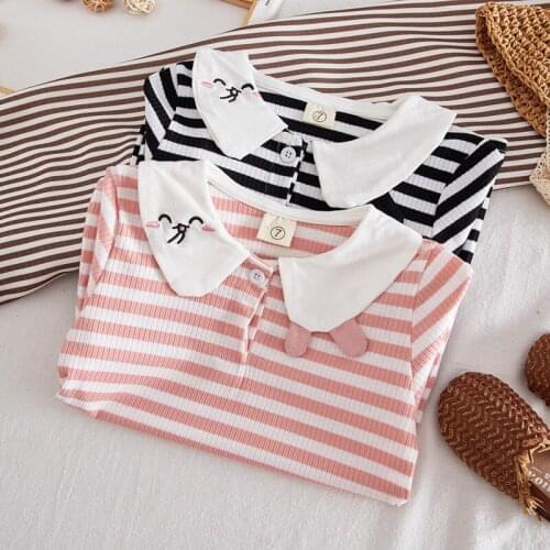 2019 Autumn Fashionable Cartoon Girl Sweatshirt High Quality Striped Childrens Sweatshirt Casual Short Sleeve Sweatshirt Kids