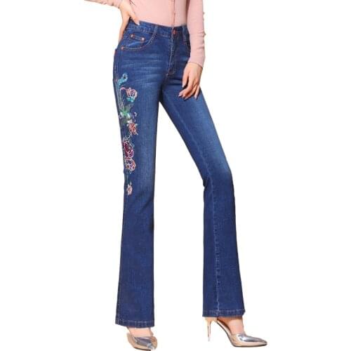 Autumn Winter Embroidered Jeans Women Plus Velvet Trousers Thin Wide-legged Middle-aged Women Micro-flare High Waist Pants