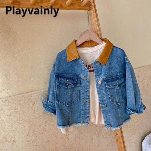 2021 New Autumn Boys Girls Jackets Patchwork Denim Long Sleeve Mock Pocket Turn-down Collar Casual Coats Kids Clothes E90