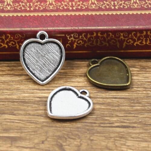 12pcs Cabochon Base Fit Setting 14mm Inner Size Antique Bronze Silver Color Simple Heart Style DIY Jewelry Making Findings