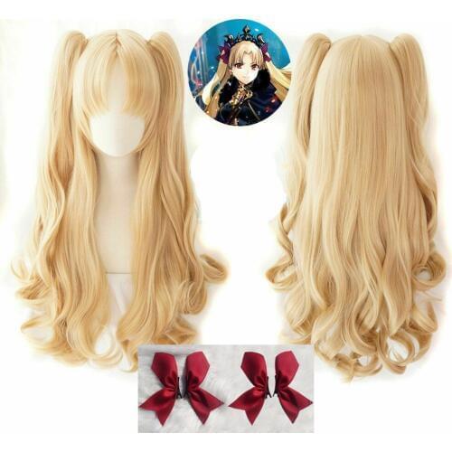 FGO Fate Grand Order Ereshkigal Cosplay Wig Servant Lancer Chip Ponytails Blonde Hair Cosplay Wigs + 4 Red Hairpins