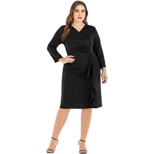 XL To 5XL Plus Size Dress Women Clothes Spring Autumn V-neck Solid Ruffles Long Sleeve Sheath Party Dresses T5027