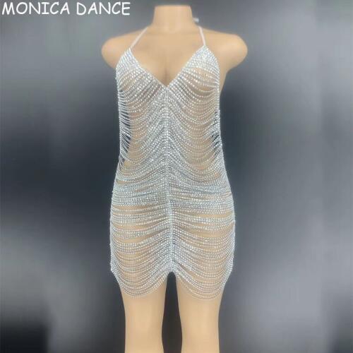 Women Sexy Stage Silver Rhinestones Chains Backless Short Dress Bar Prom Dancer Hollow Outfit Birthday Celebrate Dress