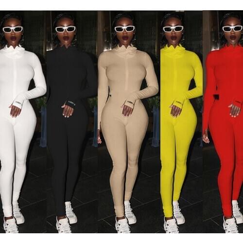 Workout Active Wear Ribbed Turtleneck Romper Womens Jumpsuit Sporty Long Sleeve Fitness Embroidery Letter Print Zipper Jumpsuits