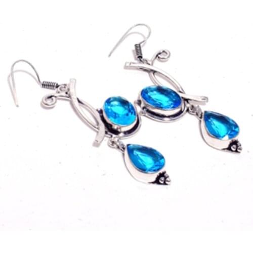 Blue Topaz , Silver Overlay on Copper Earrings , Hand made Women Jewelry Gift
