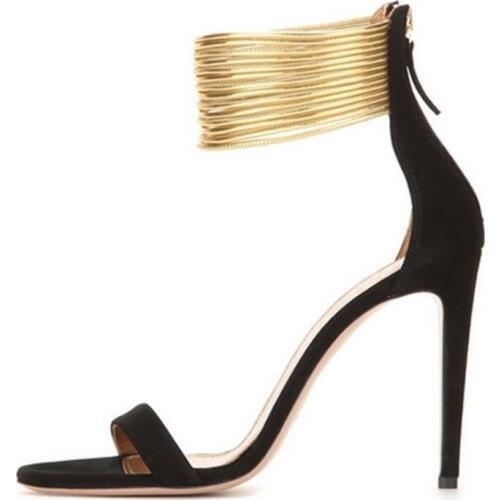 Sexy Gold Ankle Straps High Heel Sandals for Women Cut-out Thin Heel Summer Dress Shoes Back Zipper Strappy Sandals Plus Size 11