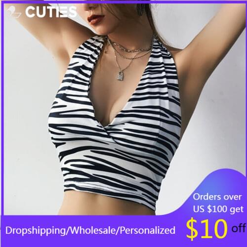 Halter Black Pink Zebra Printed Sport Top for Women Backless Crop Tank Top Workout Training Sport Bra Femme Crop Top Active Bra
