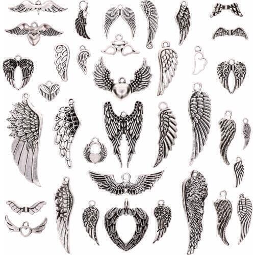 36Pcs/set Vintage Silver Plated Assorted Angel Wings Theme Charms Pendants For DIY Necklace Jewelry Handmade Making Accessories