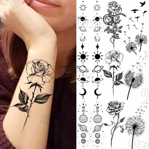 Minimalist Rose Flower Temporary Tattoos For Women Girls Dandelion Outer Space Waterproof Fake Tattoo Sticker Arm Leg Tatoos