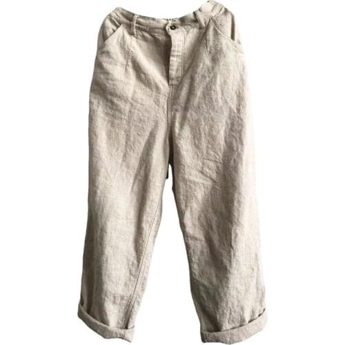 QPFJQD Ladies Linen Elastic Waist Casual Harem Pants Women Retro Flax Loose Pocket Trousers 2021 Spring Autumn
