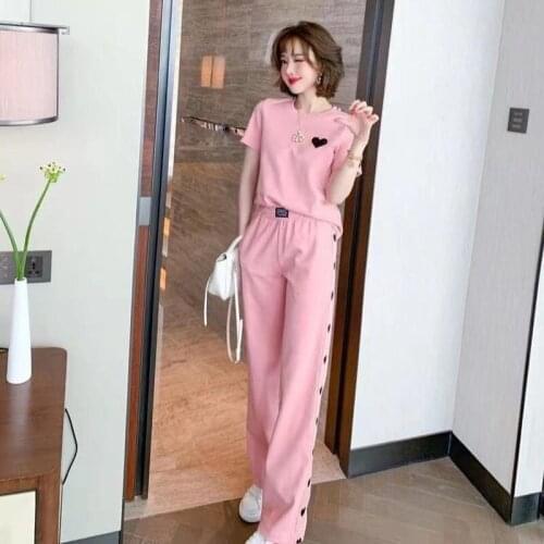 Round Neck All-match Printed T-shirt + Love Jacquard High Waist Wide Leg Pants Suit Women Two-piece Women Summer Suit Women