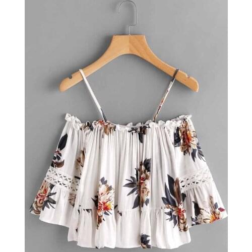 Stylish Bar 2019 Sexy Camis Top Women Floral Printing Lace Casual Off Shoulder Crop Top Cluster Print Peplum Racerback Cami Top