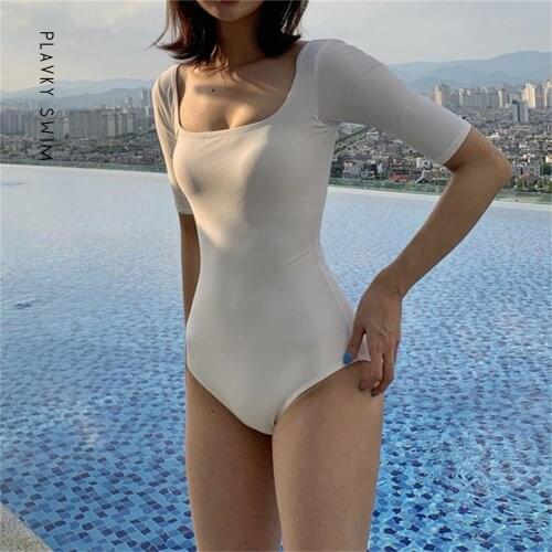 2021 Women Sexy White/Black Half Sleeve Swimsuit One Piece Swimwear Square Neck Swim Wear Bath Suit One-Piece Trikini Monokini