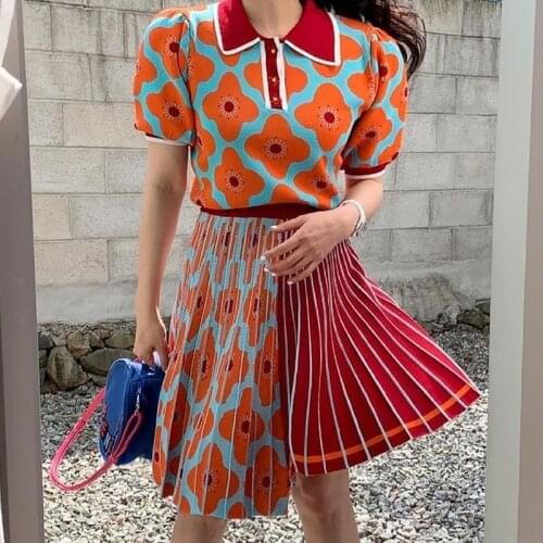 Floral Contrast Color Summer Suits Female Lapel Loose Puff Sleeve Sweater High Waist Pleated Skirt Vintage Two Piece set Women