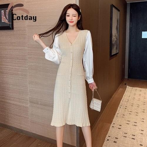 Cotday Beige V Neck Splicing Single-breasted Women White Hot Sale Maxi Dress Knit Long Winter Long Sweater Vintage Dresses