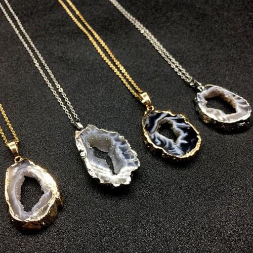 6pcs/Lot Natural Agatess Slice Pendant Necklace Gold Sliver Irregular Raw Onyx Grey Druzy Pendants for DIY Jewelry Making