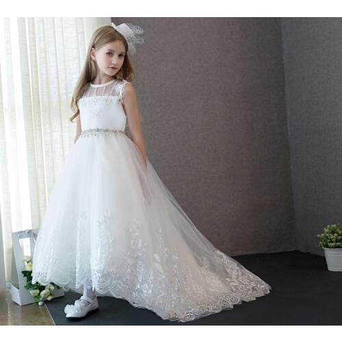 Princess White Lace Flower Girl Dress Vestidos Long Trailing Kids Evening Ball Gown Party Pageant Dresses First Communion