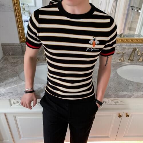 Knitting Stripe Round Neck Tee Shirt Homme Summer Top Streetwear Social Club Outfits Slim Fit T Shirt Men