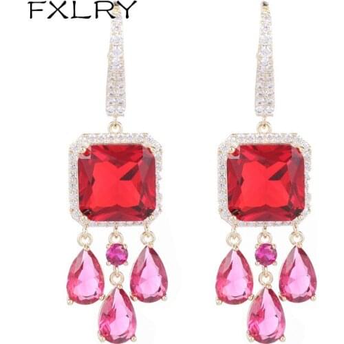 FXLRY Fashion AAA Cubic Zirconia Red Tassel Drop Earrings for Women Wedding Gift Dinner Party Jewelry