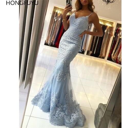 HONGFUYU Mermaid Prom Party Dresses Appliques Long Vestido De Festa Formal Wear Lace Evening Dress Robe De Soiree Zipper Back
