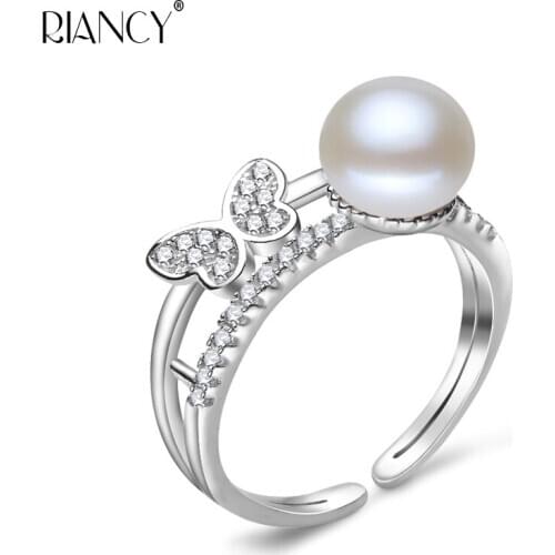 Fashion 100% Genuine Natural Freshwater 7-8mm white Pearl Rings 925 sterling silver Butterfly Double layer Rings for Women Gifts