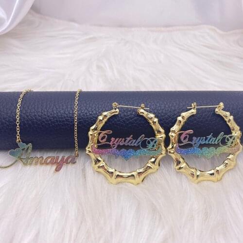 Noelia Custom Jewelry Set Bling Name Earrings Colorful Sticker Bamboo Hoop Earrings Customized Name Necklace for Women Gifts