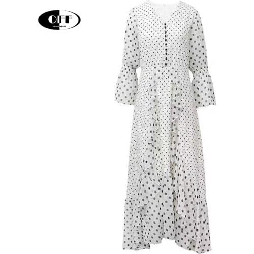 Summer Buttons Women Midi-long Dress Chic Flare Sleeve Patchwork Dot Print Ruffles Elegant Beach Ladies Dresses Femme Vestidos