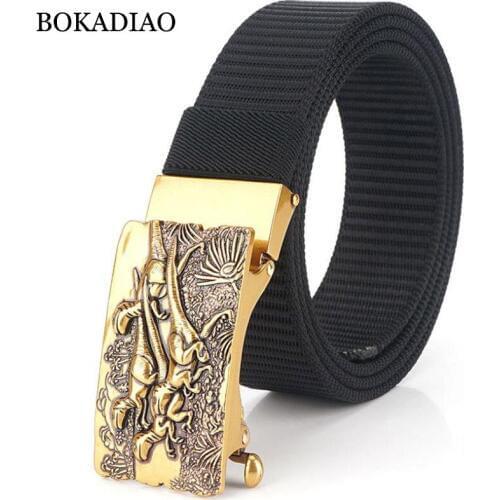 BOKADIAO Men&women Nylon Belt Dinosaur Metal Automatic Buckle canvas belts Casual Mans jeans waistband Army military male strap