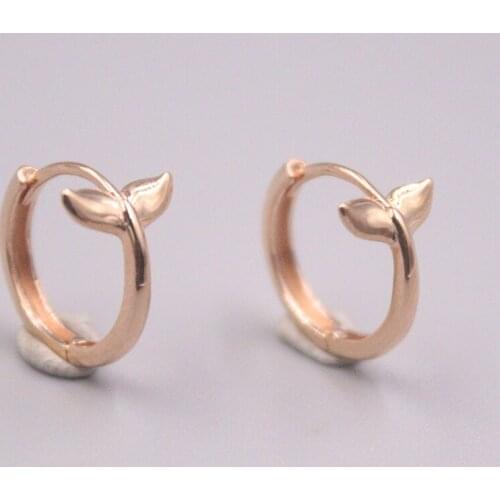 Real 18K Rose Gold Earrings For Women Female Small Tree Leaf Real Gold Hoop Earrings 10mmDia Gold Earrings Hoop Gift