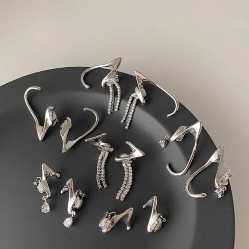 ALLNEWME Fairy Multiple Metal Silve Color Simulation Ears Clip Earrings for Women Ladies Shiny Rhinestone Tassel Earring Jewelry