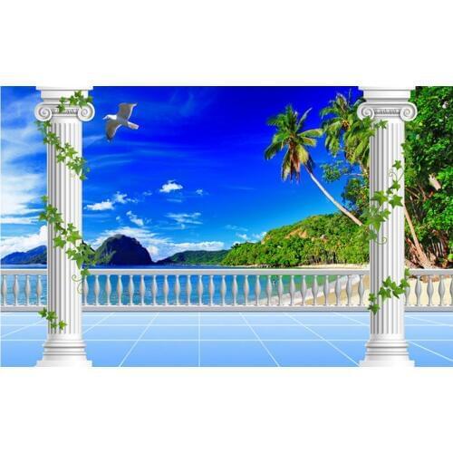 Home Decoration Blue Sky White Cloud Green Mountain Beach TV Wall Background 3d customized wallpaper