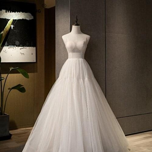 High-End Spaghetti Straps Tulle Square Collar Sweep Train Bridal Gown Custom Made Sleeveless Lace Up Back A-Line Wedding Dress