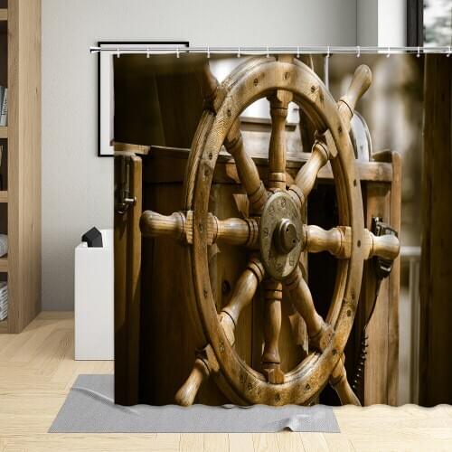 Vintage Ship Rudder Wooden Steering Wheel Retro Map Nautical Pattern Bathroom Curtains Art Decor Design Shower Curtain With Hook
