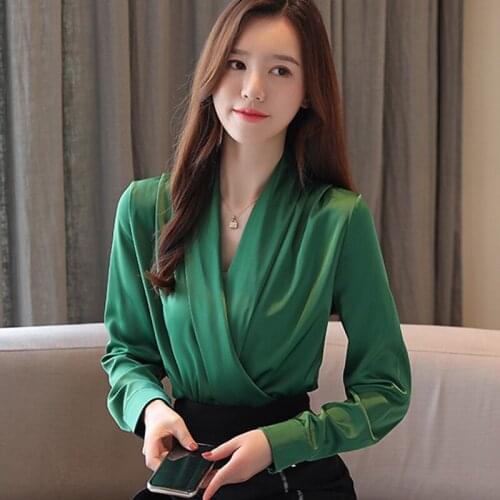 9 Colors Women Spring Summer Satin Chiffon Blouse Office Ladies V-Neck Long Sleeve Solid Formal Elegant Pullover Top Blusas