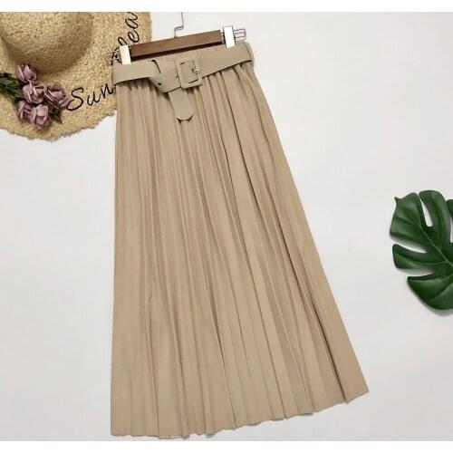2020 Autumn New European& American Women High-waisted Slim Pleated Skirt Simple Solid Color A-line Long Skirt Belt Free Shipping