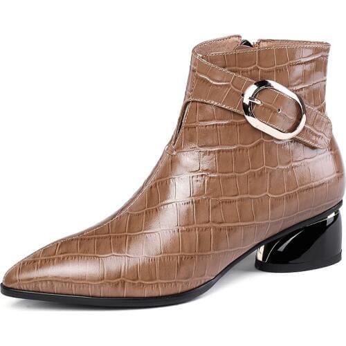 New arrival genuine leather boots Warm in winter square heel pointed toe sexy ankle boots for women autumn ladies platform shoes