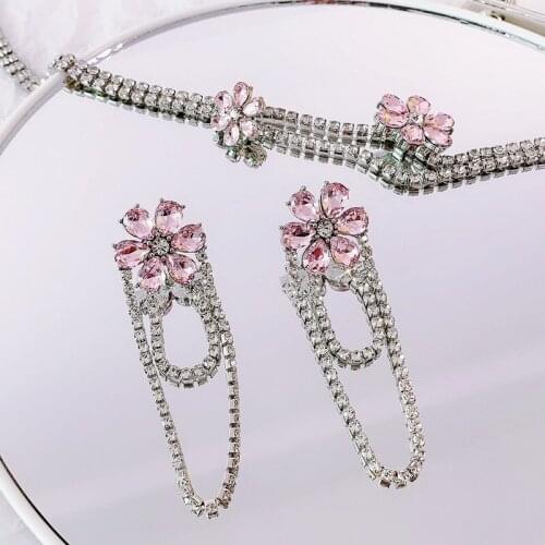 Fashion Pink Crystal Stones Flower Long Earrings For Women Party Jewelry Sweet pendientes