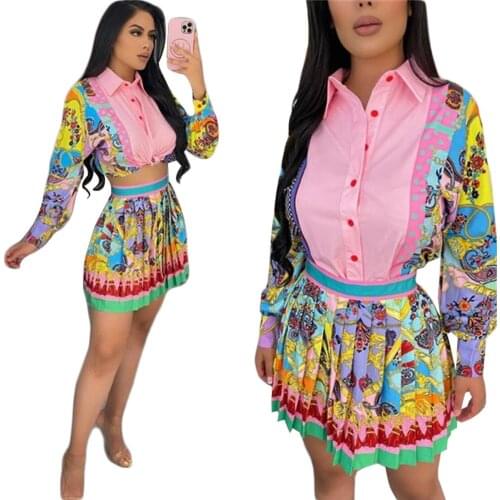 2021 Best Quality Famous Brand Women Set 2Pcs Floral Skirt Longsleeve SexyClub