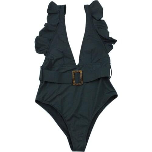 Women Sexy Bikini Swimsuit One piece Set Deep V Collar Push Up Padded Biquini Beach-wear Lotus Leaf Side Fashion Bathing Suit