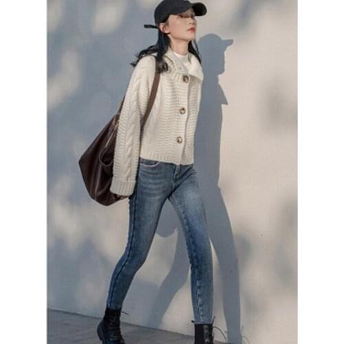 Korean Fashion Women Knit Cardigans Button Cable Sweater Coat Loose Oversized Turtleneck Jumper Tops