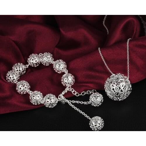925 sterling Silver Hollow Ball Pendant Bracelet necklace Jewelry set for women luxury charm Fashion Party wedding Holiday gifts