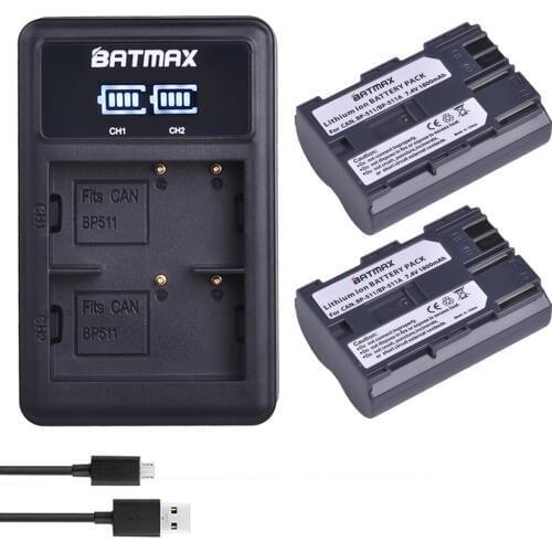 2Pcs 1800mAh BP-511A BP-511 BP 511 511A BP511 BP511A Battery + LED USB Dual Charger for Canon EOS 40D 300D 5D 20D 30D 50D Camera