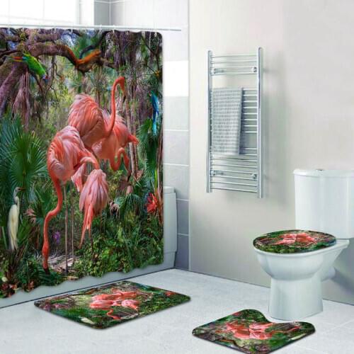 3D Portrait of Flamingo Shower Curtain Set Exotic Flamingo Flock Photo Bathroom Curtains Waterproof Bath Mats Rugs Home Decor